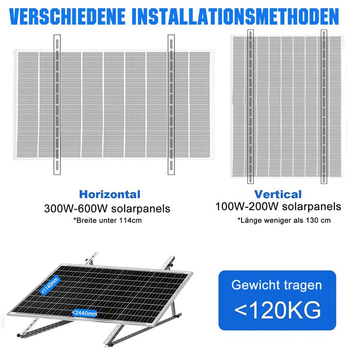 Solarmodul Halterung für 2 Module - 46,5 Zoll Photovoltaik Universal Solarmodul Halterungen 118CM Balkonkraftwerk Halterung, Winkel einstellbar 0-90° für Dachhalterungen Solarmodule