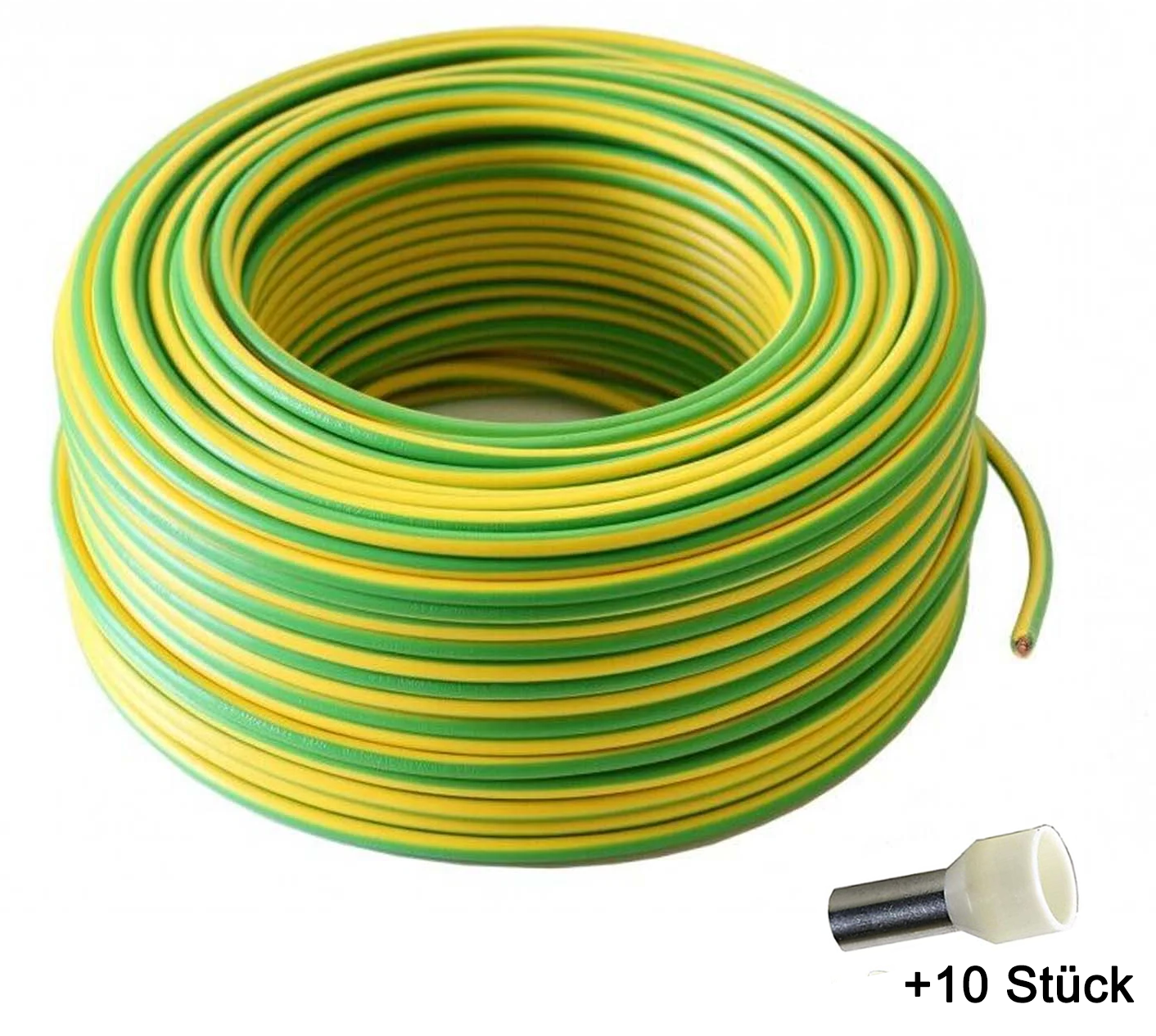 50m Erdungskabel 10mm2 H07V-K PVC grün-gelb flexible Aderleitung für PV-Anlagen inkl. 10 Aderendhülsen (10mm²x12mm)