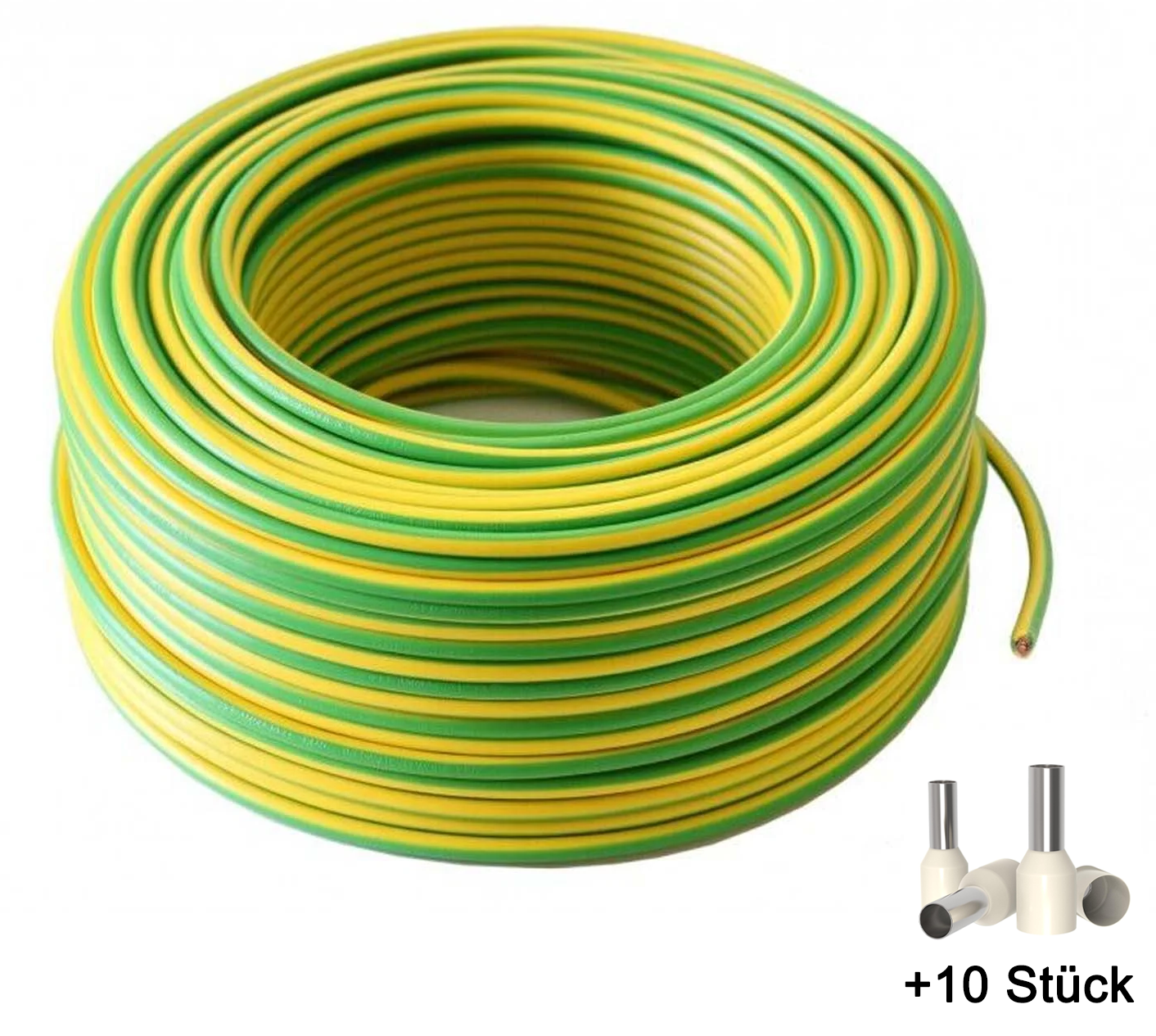 50m Erdungskabel 10mm2 H07V-K PVC grün-gelb flexible Aderleitung für PV-Anlagen inkl. 10 Aderendhülsen (10mm²x18mm)