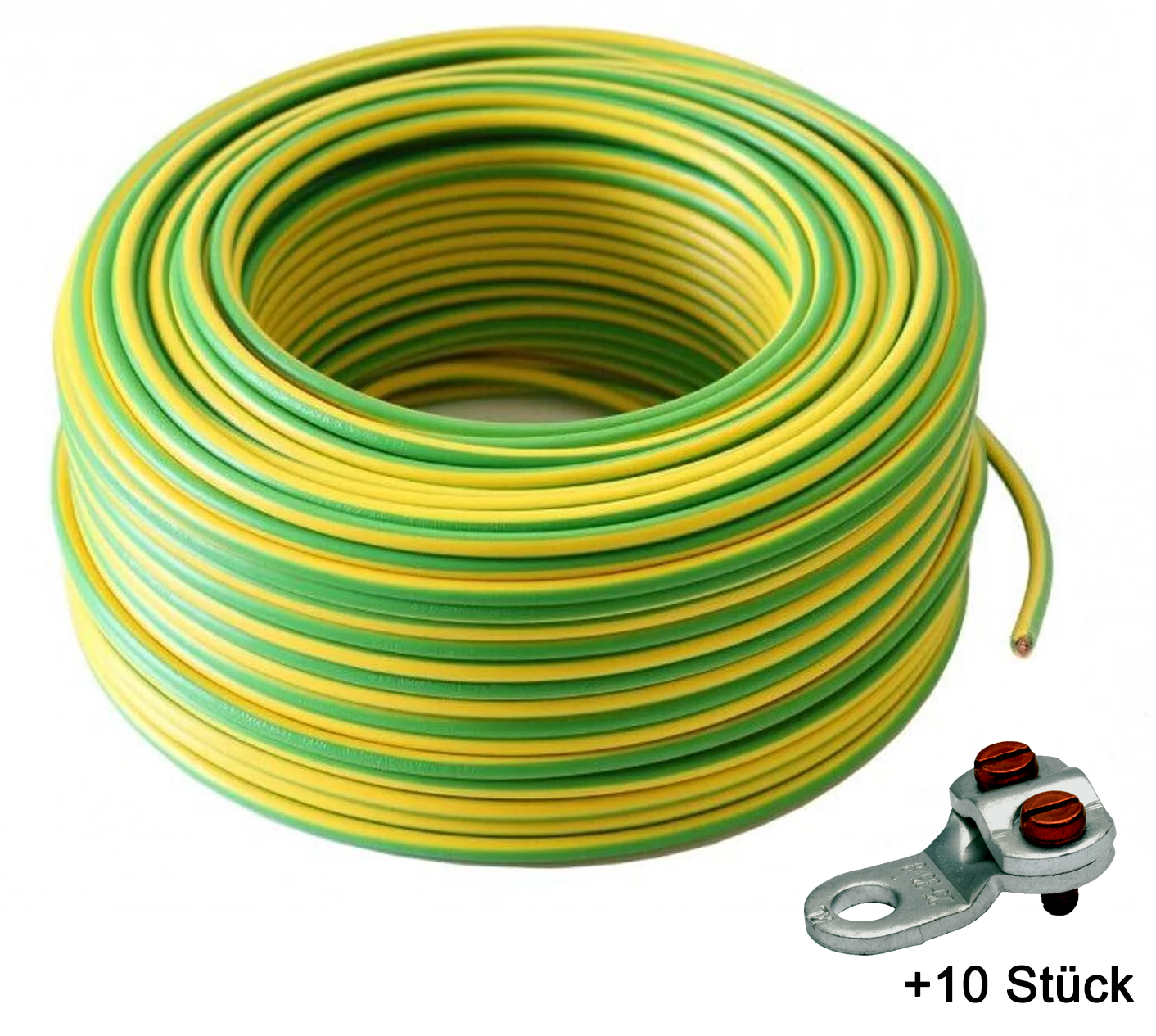 50m Erdungskabel 10mm2 H07V-K PVC grün-gelb flexible Aderleitung für PV-Anlagen inkl. 10 Klemmkabelschuhe