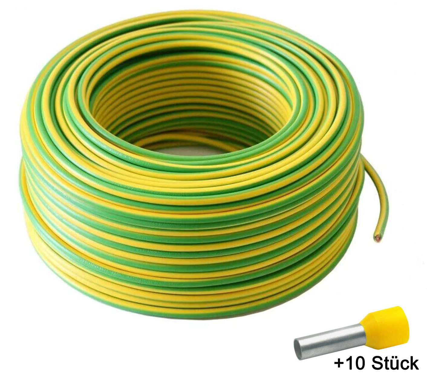 100m Erdungskabel 6mm2 H07V-K PVC grün-gelb flexible Aderleitung für PV-Anlagen inkl. 10 Aderendhülsen (6mm²x12mm)